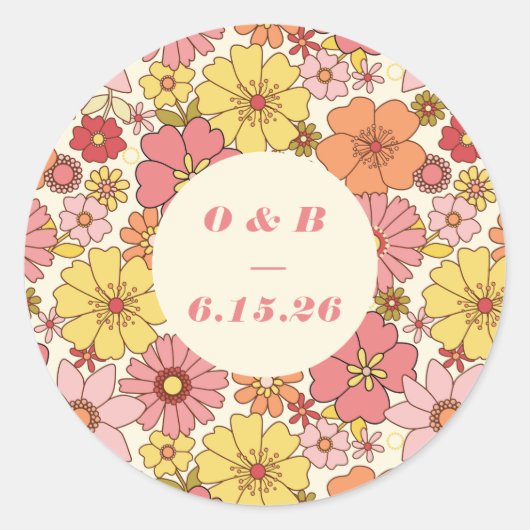 Retro Boho Pink Yellow Floral Weddenschap Monogram Ronde Sticker (Voorkant)