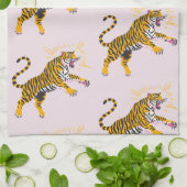 Retro Boho Roaring Tiger Orange Pink Theedoek (Gevouwen)