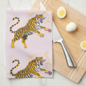 Retro Boho Roaring Tiger Orange Pink Theedoek (Quarter Fold)