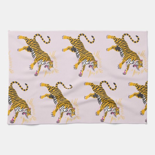 Retro Boho Roaring Tiger Orange Pink Theedoek (Horizontaal)