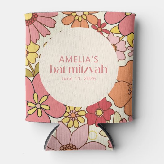Retro Boho Roze Bloemen Groovy Bat Mitzvah Custom Blikjeskoeler (Voorkant)