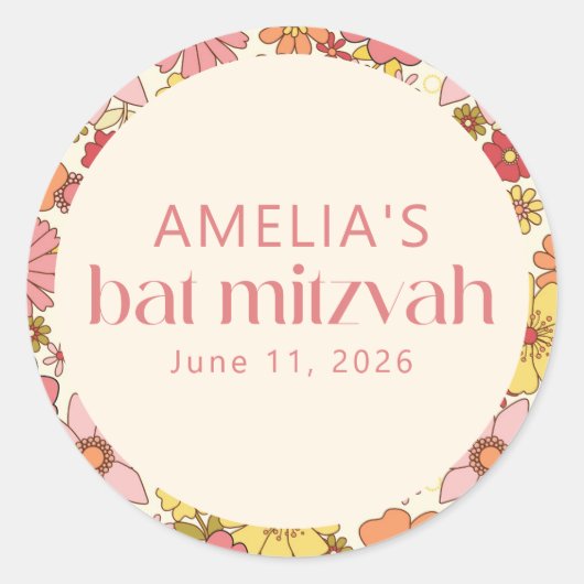 Retro Boho Roze Bloemen Groovy Bat Mitzvah Custom Ronde Sticker (Voorkant)