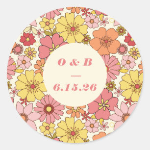 Retro Boho Roze Geel Bloemstuk Bruiloft Monogram Ronde Sticker