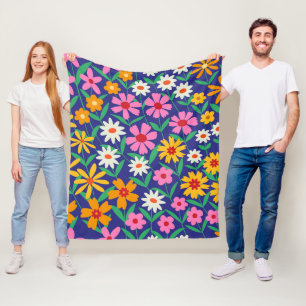 Retro Boho roze oranje bloempatroon op marineblauw Fleece Deken