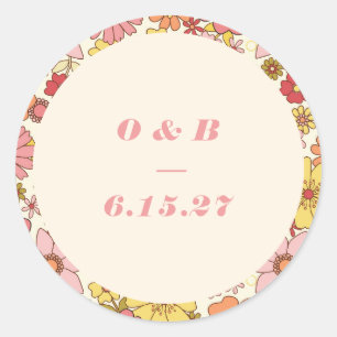 Retro Boho Roze Sinaasappel Bloemen Bruiloft Monog Ronde Sticker