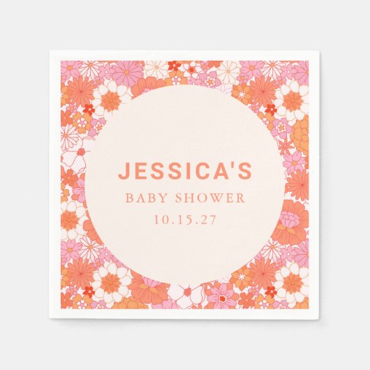 Retro Boho Roze Sinaasappel Bloemen Custom Baby sh Servet (Voorkant)
