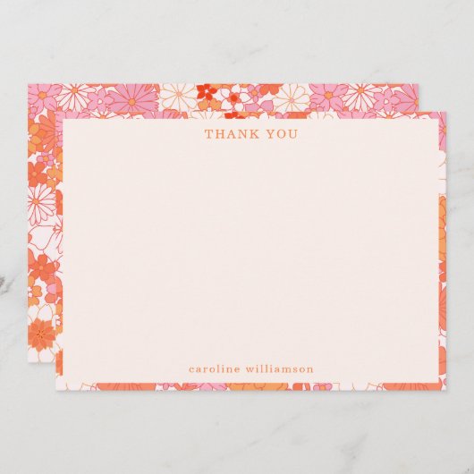 Retro Boho Roze Sinaasappel Bloemen Gepersonalisee Bedankkaart (Voorkant / Achterkant)
