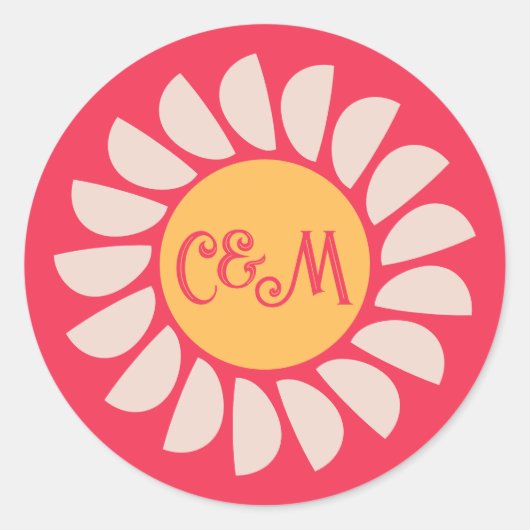 Retro Boho Roze & Sinaasappel bloemenbruiloft Mono Ronde Sticker (Voorkant)
