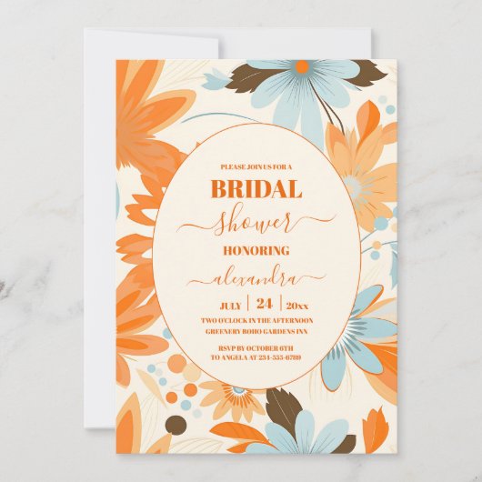 Retro Boho Sinaasappel Blauw Bloemen Groovy Bruilo Kaart (Voorkant)