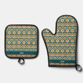 Retro Boho Sinaasappel Blauw Zonpatroon Monogram Ovenwant & Pannenlap Set (Voorkant)