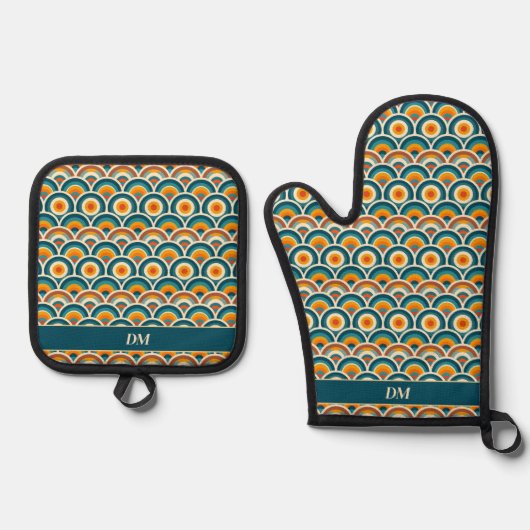 Retro Boho Sinaasappel Blauw Zonpatroon Monogram Ovenwant & Pannenlap Set (Voorkant)