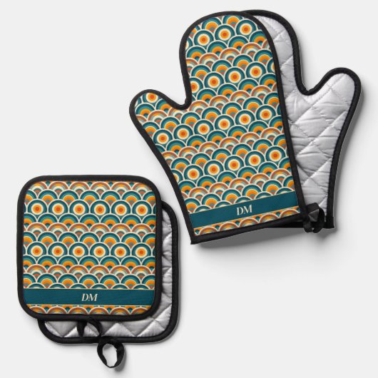 Retro Boho Sinaasappel Blauw Zonpatroon Monogram Ovenwant & Pannenlap Set (Voorkant / Achterkant)