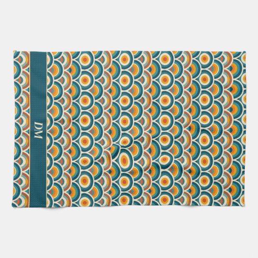 Retro Boho Sinaasappel Blauw Zonpatroon Monogram Theedoek (Horizontaal)