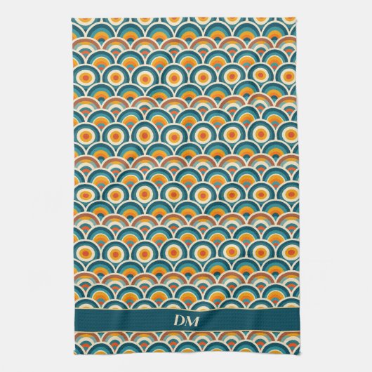 Retro Boho Sinaasappel Blauw Zonpatroon Monogram Theedoek (Verticaal)