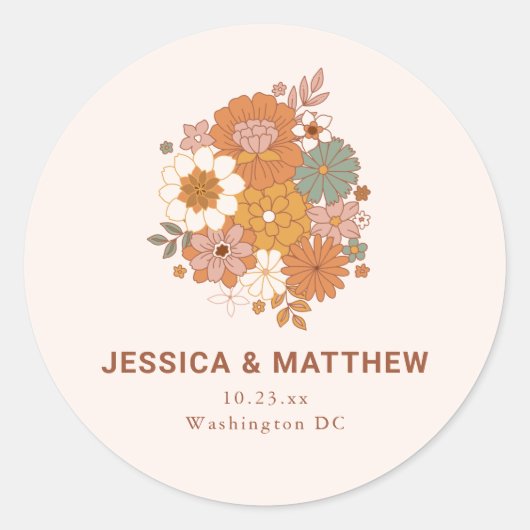 Retro Boho Terracotta Floral Custom Names Wedding  Ronde Sticker (Voorkant)