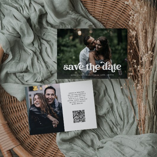 Retro Boho Typografie en twee foto's | QR-code Save The Date