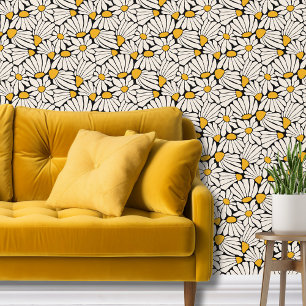 Retro boho zwart geel botanisch abstract bloemmoti behang