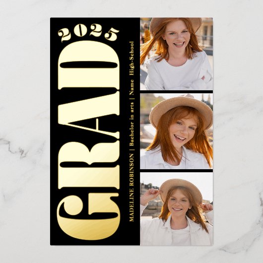 Retro Bold Gold 2025 Graduation Party 4 Foto Folie Uitnodiging (Voorkant)