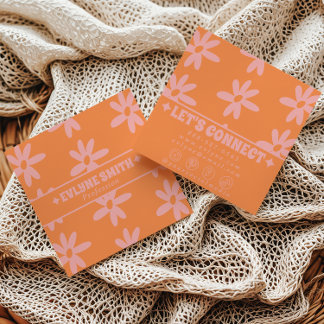 Retro Bold Pink Orange Groovy Floral Girly Funky Vierkante Visitekaartje