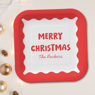 Retro Bold Wavy Red Fun Custom Merry Christmas Papieren Bordje