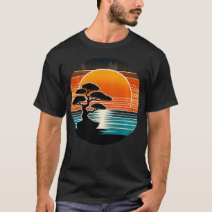Retro Bonsai Boom Zonsondergang Kustcharme Sty T-shirt