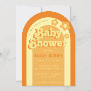 Retro boog babyshower groovy 70s oranje geel kaart