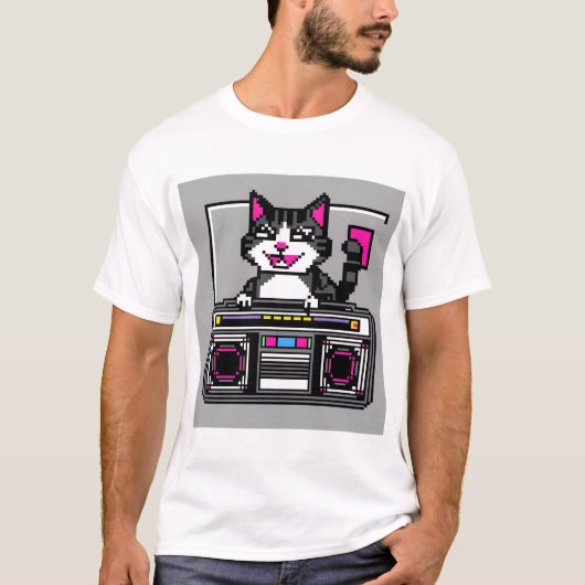 Retro Boombox Cat – Pixel DJ Vibes T-shirt (Voorkant)