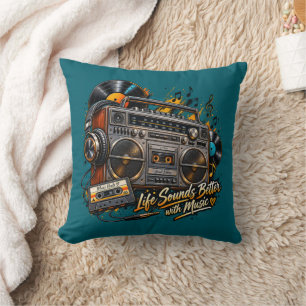 Retro Boombox "Leven klinkt beter met muziek"  Kussen