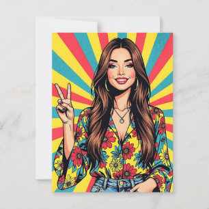 Retro Boomer Hippie Dame geeft Vredesteken Briefkaart
