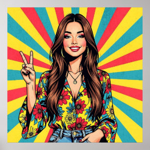 Retro Boomer Hippie Dame geeft Vredesteken Poster