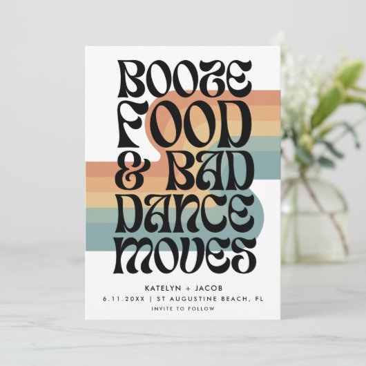Retro Booze Food Bad Dance Moves Bruiloft Save The Date (Staand voorkant)