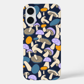 Retro bos paddestoel patroon Middernachtelijk bos iPhone 16 Hoesje