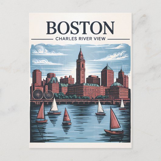 Retro Boston Sailboat Massachusetts Skyline Travel Briefkaart (Voorkant)
