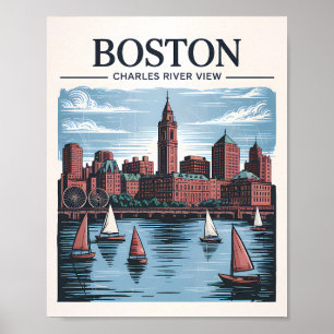 Retro Boston Sailboat Massachusetts Skyline Travel Poster