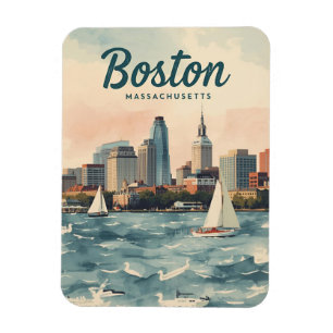 Retro Boston Silhouet & Zeilboten   Massachusetts Magneet