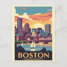 Retro Boston Vintage Reizen Zeilboten Haven Briefkaart