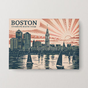 Retro Boston Zeilboten Skyline Art Classic Bold Button