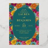 Retro Botanica and Teal Wedding Folie Uitnodiging (Voorkant)