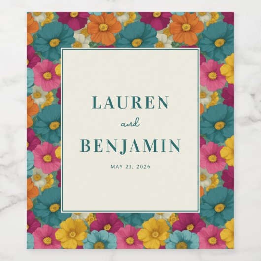 Retro Botanica and Teal Wedding Wijn Etiket (Enkel label)