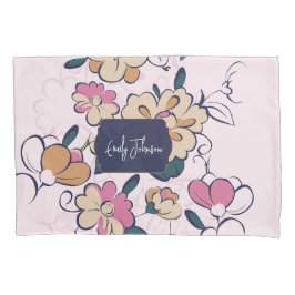 Retro Botanical Custom Name Pink Cream Beige Kussensloop