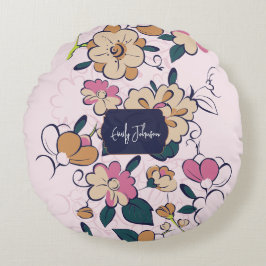 Retro Botanical Custom Name Pink Cream Beige Rond Kussen