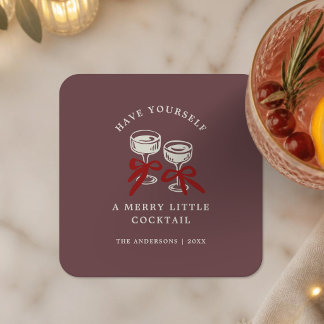 Retro Bourgondië Prettig Kerstfeest Cocktail Vierkante Kartonnen Onderzetter
