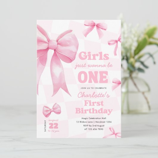 Retro Bow geruit eerste verjaardag uitnodiging (Staand voorkant)