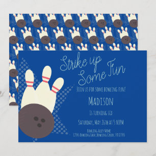 Retro Bowling Alley Birthday Party Blue Invitation Kaart