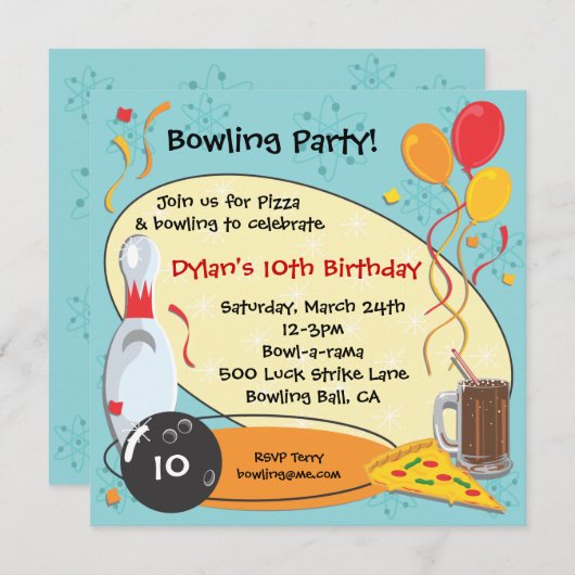 Retro Bowling Anniversaire Carte d'invitation (Devant / Derrière)
