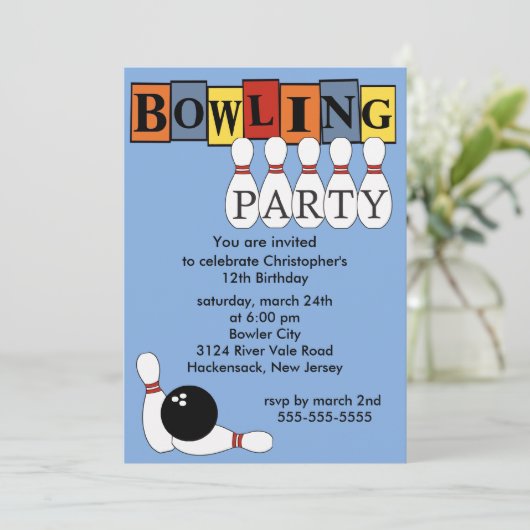 Retro Bowling Birthday Party Invitation Kaart (Staand voorkant)