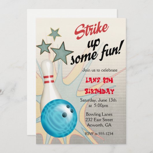 Retro Bowling Birthday Uitnodiging (Voorkant / Achterkant)