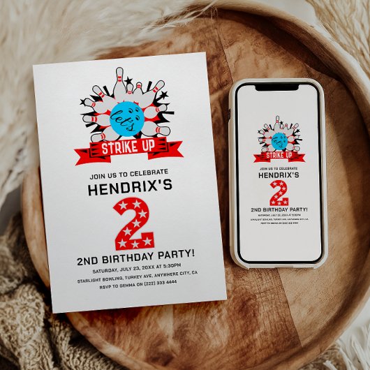 Retro Bowling Kids 2ND Birthday Party Kaart