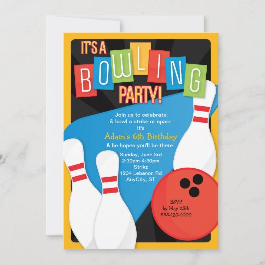 Retro Bowling Kind Birthday Party Invitation Kaart (Voorkant)