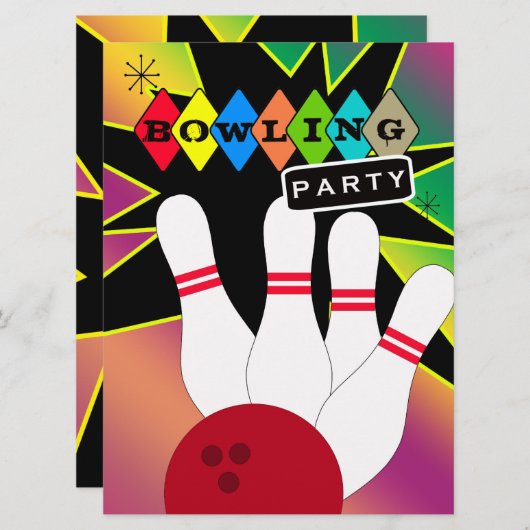 Retro Bowling Party Kaart (Voorkant / Achterkant)